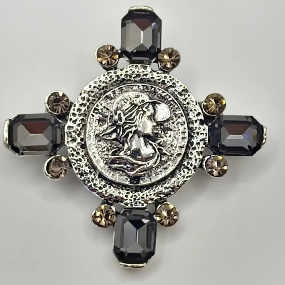 Cameo Brooch Silver Tone Metal with Faux Smoky Gray Jewels & Rhinestones Cross
